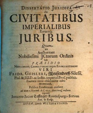 Dissertatio iuridica de civitatibus imperialibus earumque iuribus