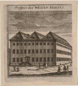 Das Waisenhaus in Zittau in der Oberlausitz im Zustand vor dem Bombardement durch österreichische Truppen gegen die preußische Besatzung am 23. Juli 1757 während des Siebenjährigen Krieges, aus Montalegres Sechs Stadt Zittau