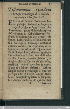 Testimonium ejusdem Morhofii ex Collegio ab eo dictato & excepto à Lac. Jur. G. H.