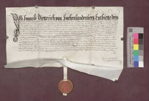 Hans Dietrich von Hohenlandenberg sagt sein bisher vom Kloster St. Gallen getragenes Mann- und Schildlehen auf; dieses bestand aus Schloß Schneeberg und dem Bauhof der Vogtei, Gütern etc. zu Ebringen Berg- und Talhausen.