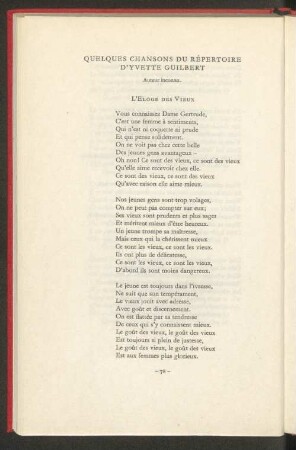Quelques chanssons du répertoires dÝvette Guilbert / Aus dem Repertoire von Yvette Guilbert
