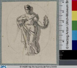 Stehende weibliche Figur, in der linken Hand einen Lorbeerkranz haltend