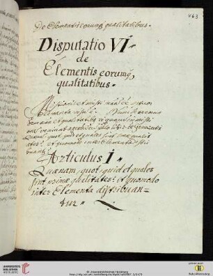 Disputatio VI De elementis eorumque qualitatibus