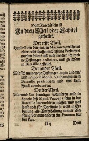 Das Tractätlein ist In drey Theil oder Capitel getheilet (ohne Seitenzahlen)