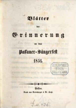 Blätter der Erinnerung an das Passauer Sängerfest 1851