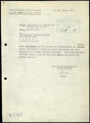 Schreiben; Gkdo. des X. Fl. Korps an Referat Kunstschutz, Befehlshaber Südgriechenland