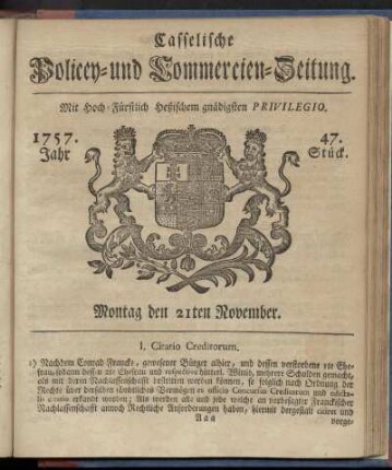 47. Stueck, Montag den 21ten November 1757