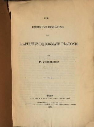 Zur Kritik und Erklärung von L. Apuleius de dogmate Platonis