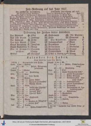 Zeitrechnung auf das Jahr 1837. Bedeutung der Zeichen dieses Kalenders.