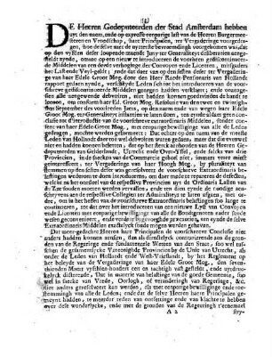 Propositie Ende Protest Door de Heeren van Amsterdam Ter Vergaderingh van haer Ed. Groot Mog. de Heeren Staten van Holland ende West-Vriesland den 9 Juny 1685 gedaen, Tegens het heffen van het Last en Veyl-Geldt