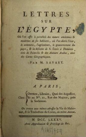 Lettres sur l'Egypte, 1. (1785)