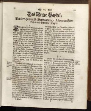 Das Dritte Capitel, Von der Himmels-Beschreibung, Astronomischen Tafeln und Himmels-Kugeln.