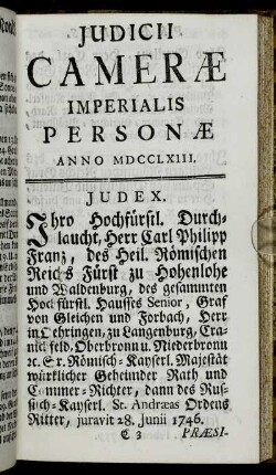 Judicii Cameræ Imperialsi Personæ Anno MDCCLXIII.