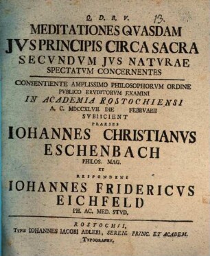 Meditationes Qvasdam Jvs Principis Circa Sacra Secvndvm Jvs Natvrae Spectatvm Concernentes