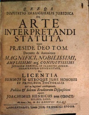 Disputatio inauguralis juridica De arte interpretandi statuta
