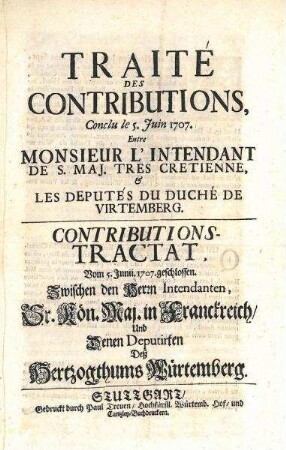 Kontributions-Tractat zwischen dem Königreich Frankreich und dem Herzogtum Württemberg