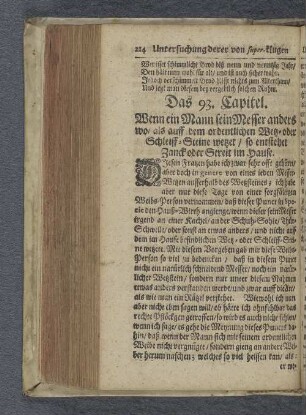 Das 93. Capitel. Wenn ein Mann sein Messer anders wo / als auff dem ordentlichen Wetz- oder Schleiff-Steine wetzet / so entstehet Zanck oder Streit im Hause.