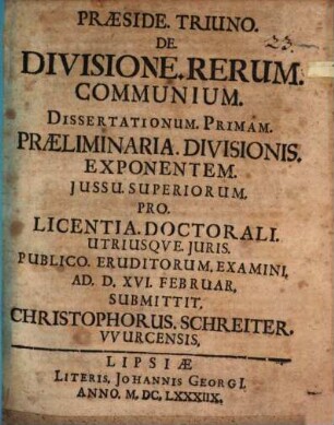 De divisione rerum communium diss. I., praeliminaria divisionis exponens