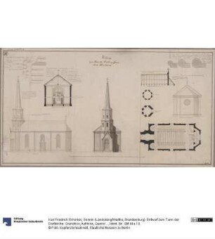 Gennin (Landsberg/Warthe, Brandenburg). Entwurf zum Turm der Dorfkirche. Grundriss, Aufrisse, Querschnitt, Details