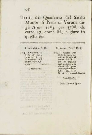 Tratta dal Quaderno del Santo Monte di Pietà di Verona degli Anno 1783 ...
