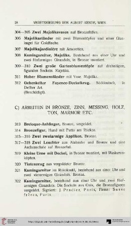 Arbeiten in Bronze, Zinn, Messing, Holz, Ton, Marmor Etc. (Nr. 313-407)