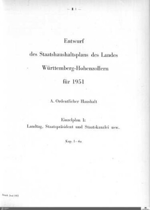 Staatshaushaltsplan Württemberg-Hohenzollern 1951: Einzelpläne