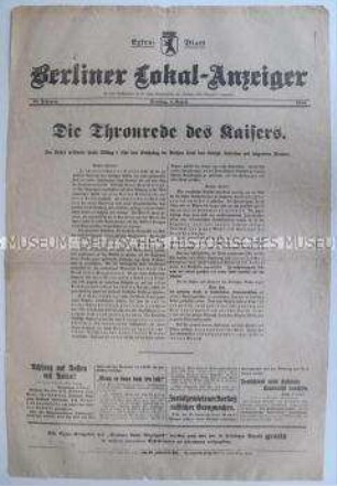 Extra-Blatt des "Berliner Lokal-Anzeiger" zu Rede des Kaisers anlässlich des Beginns des 1. Weltkrieges