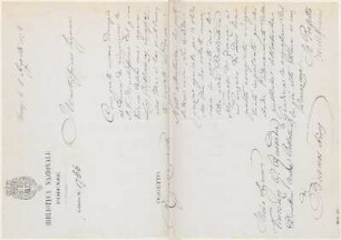[Carta de agradecimiento de Torello Sacconi a Vicente Quesada en italiano, Florencia, 1 de agosto de 1878] : Biblioteca Nacional Central de Florencia