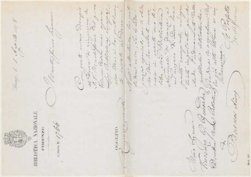 [Carta de agradecimiento de Torello Sacconi a Vicente Quesada en italiano, Florencia, 1 de agosto de 1878] : Biblioteca Nacional Central de Florencia