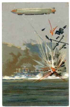 Seekriegkarte Nr. 2: (Zeppelin wirft Bomben auf feindliche Kriegsschiffe)