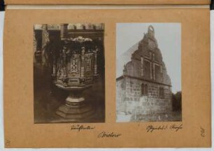 Taufbecken, Bristow. Grabkapelle, Bristow: Ansicht Taufbecken, Ansicht von Osten Kapelle (aus: Skizzen- und Fotoalbum 25)