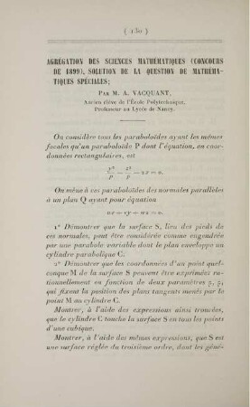 Agrégation des Sciences Mathématiques (concours de 1899). Solution de la question de Mathématiques spéciales.