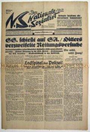 Nationalsozialistische Tageszeitung "Der Nationale Sozialist" u.a. über Auseinandersetzungen zwischen SS und SA