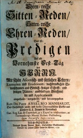 Ehrenreiche Sitten-Reden, 1