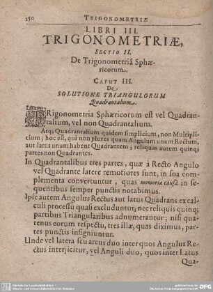 Caput III. De Solutione Triangulorum Quadrantalium.