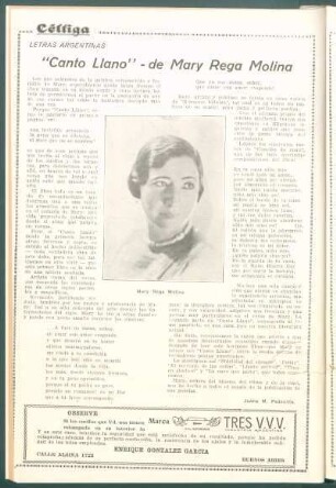 Letras argentinas : "Canto Llano" - de Mary Rega Molina