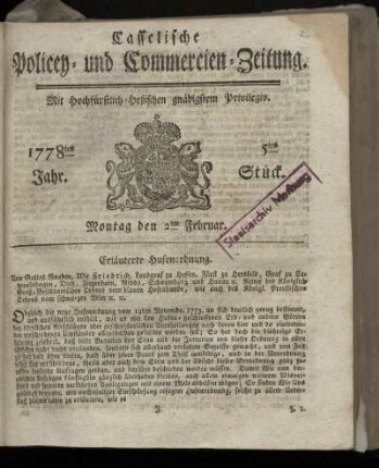 5tes Stueck, Montag den 2ten Februar. 1778