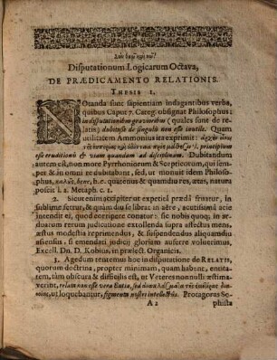 Disputationum Logicarum ..., 8. De Praedicamento Relationis