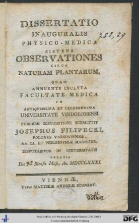 Dissertatio Inauguralis Physico-Medica Sistens Observationes Circa Naturam Plantarum
