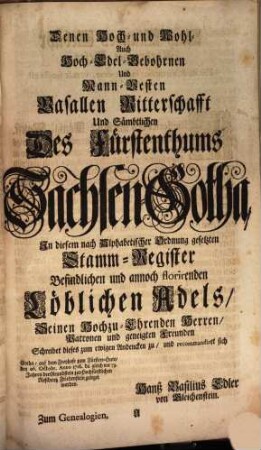Tabulae genealogicae, oder Derer von Adel Des Fürstenthums Sachsen-Gotha, stemmatographia alphabetica