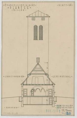 Fischer, Theodor; Planegg bei München (Bayern); Ev. Waldkirche - Gemeindesaal (Schnitt)