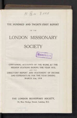 121.1915/16: Report of the London Missionary Society