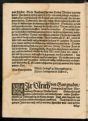 Wir Ulrich von Gots gnaden/ Hertzog zu Tegk unnd Wirtemberg/ Grave zu Mumpelgart ...