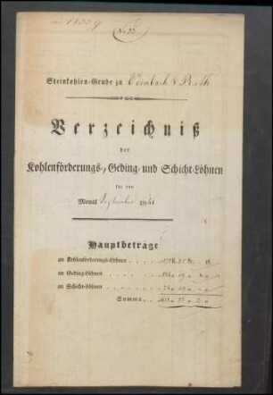 Verzeichnis der Kohlenförderungs-, Geding- und Schichtlöhne der Steinkohlengrube Odenbach-Roth