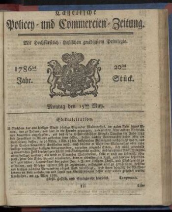 20tes Stueck, Montag den 15ten May. 1786