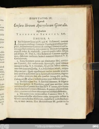 Disputatio IV. Quae est Censura librorum Apocryphorum Generalis. Respondente Theodoro Skrocki, Lith.