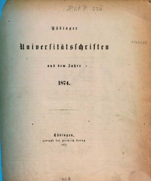 Tübinger Universitätsschriften. 1874