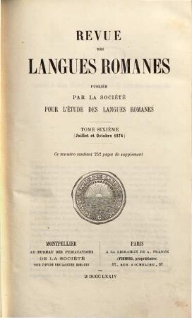 Revue des langues romanes. 6, 6. 1874