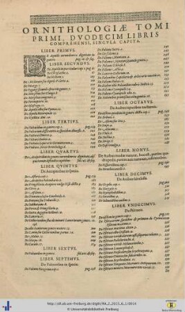 Ornithologiae Tomi Primi, Duodecim Libris Comprehensi, Singula Capita.