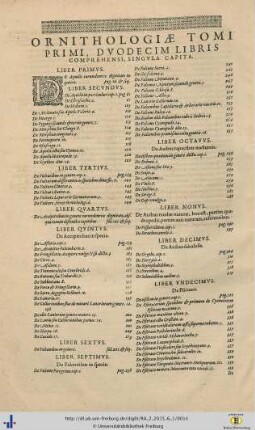 Ornithologiae Tomi Primi, Duodecim Libris Comprehensi, Singula Capita.
